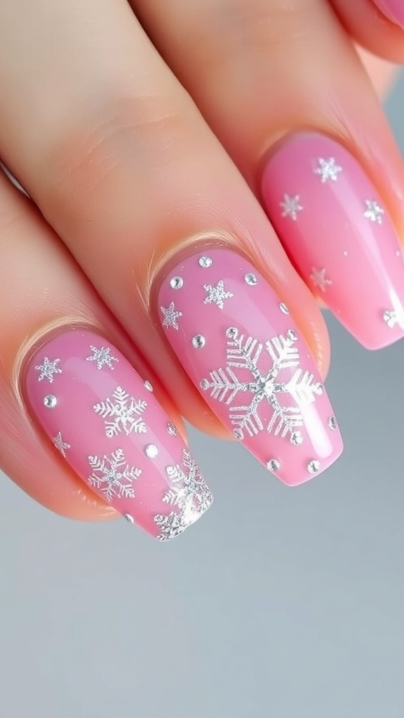 Close-up of pink Christmas gel nails with snowflakes and glitter accents.